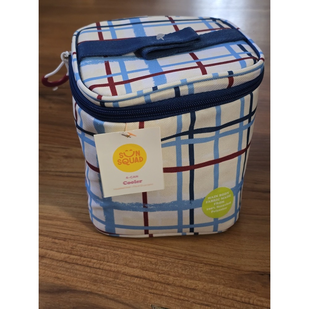 Sun Squad 4-Can Insulated Cooler Lunch Bag Plaid White Blue Red Zip Handle S6